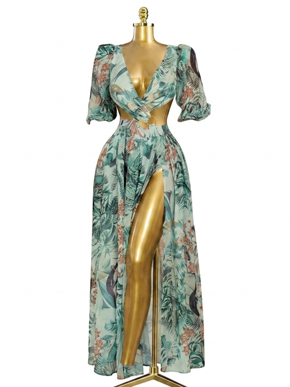Tropical Cutout High-Low Maxi Dress in Aqua Green